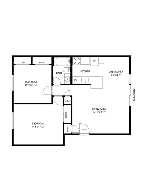 Floor plan for 2 beds, 1 bath, 800 sqft